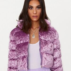 PrettyLittleThing Lilac Velvet Crop Puffer Jacket